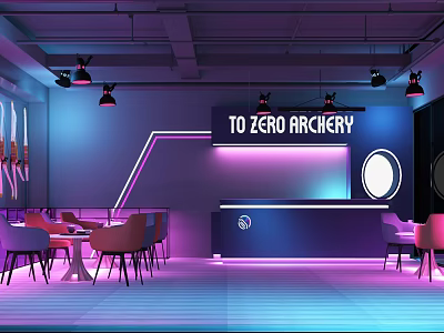 Modern Archery Range Interior With Neon Lights Tables Chairs And Counter 3d model