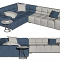 Modern Sectional Sofa Blue And Gray With Plush Cushions Accompanied By Metal Frame Side Table