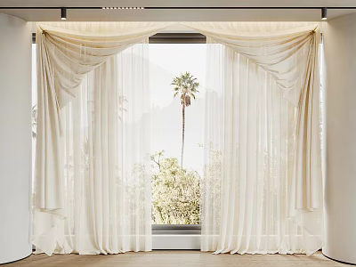 White Modern Curtains With Sheer Panels And Drapes By Window With Palm Tree Greenery 3d model