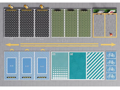 Parking Lot Layout Design With Different Zones Markings And Bicycle Parking Areas 3d model