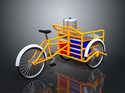 Yellow Street Vendor Tricycle With Blue Red Stripes And Silver Container 3d model