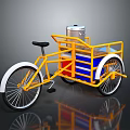 Yellow Street Vendor Tricycle With Blue Red Stripes And Silver Container