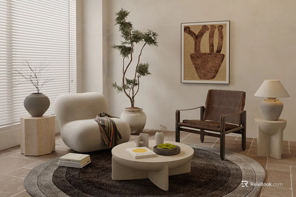 Modern Table And Chair Set In Living Room With Wooden Coffee Table Decorative Plants And Art 3d model 