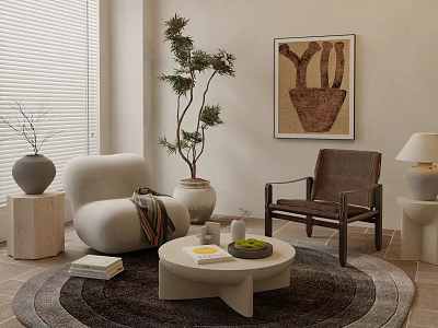 Modern Table And Chair Set In Living Room With Wooden Coffee Table Decorative Plants And Art 3d model