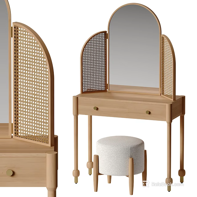 Modern Wooden Dressing Table With Rattan Mirror Drawer And Stool 3d model