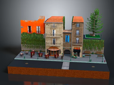 Miniature Model Scene With Orange House Beige Building Tables Chairs Tree And Street Lamps 3d model