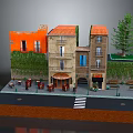 Miniature Model Scene With Orange House Beige Building Tables Chairs Tree And Street Lamps