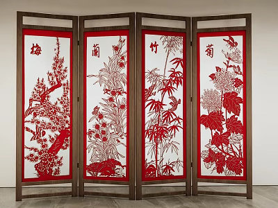 Traditional Four Panel Screen With Wooden Frame And Red Plum Orchid Bamboo Chrysanthemum Patterns 3d model