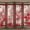Traditional Four Panel Screen With Wooden Frame And Red Plum Orchid Bamboo Chrysanthemum Patterns