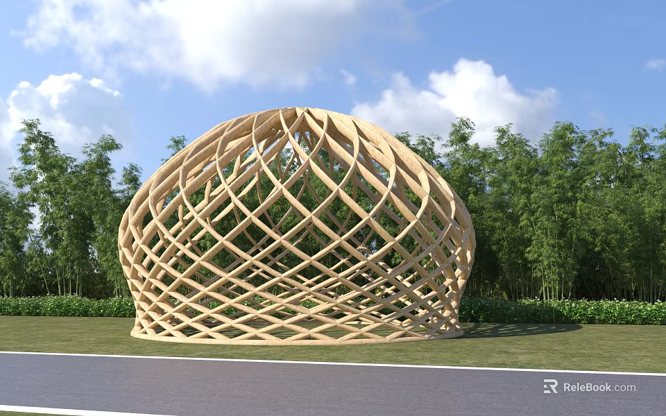 Wooden Pergola with Woven Lattice Dome Structure Surrounded by Green Trees and Grass 3d model 