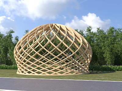 Wooden Pergola with Woven Lattice Dome Structure Surrounded by Green Trees and Grass 3d model