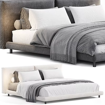 Modern Double Bed Interior Design With Upholstered Headboard Plush Pillows And Cozy Linen Bedding 3d model