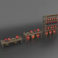 Household Storage Jars And Containers On Wooden Shelves With Red Labels White Patterns