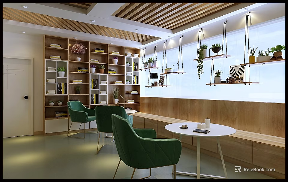 Cozy School Lounge With Green Chairs Round White Tables Wooden Bookshelves And Hanging Plants 3d model 