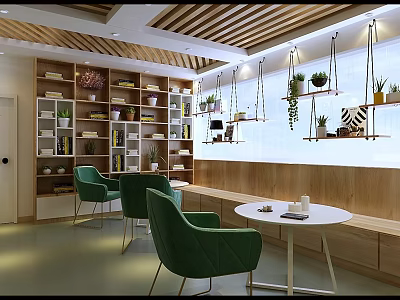 Cozy School Lounge With Green Chairs Round White Tables Wooden Bookshelves And Hanging Plants 3d model