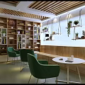 Cozy School Lounge With Green Chairs Round White Tables Wooden Bookshelves And Hanging Plants