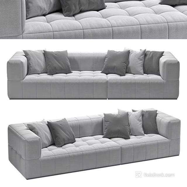 Modern Gray Fabric Sectional Sofa With Tufted Design And Decorative Pillows 3d model