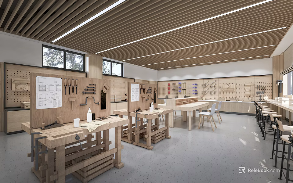 Bright School Woodworking Workshop With Wooden Workbenches Tools And Drawing Plans 3d model 