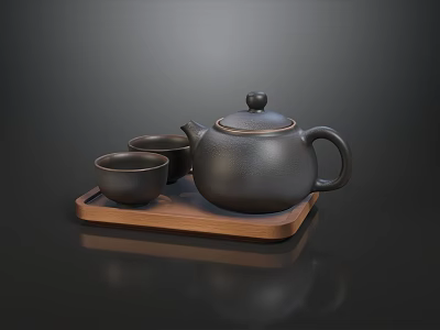 Modern Minimalist Sofa Coffee Table Combination With Black Ceramic Chinese Tea Set And Wood Tray 3d model
