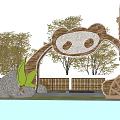 Panda Shaped Wooden Entrance Gate With Water Wheel Trees And Pool Reflection
