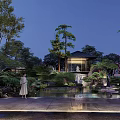 Rockery Stones In Traditional Garden Landscape With Pavilion Pond And Lush Greenery