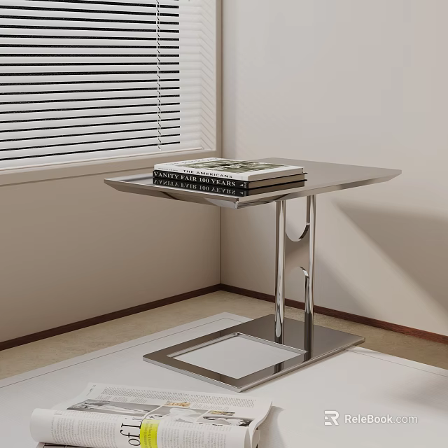 Modern Metal Side Table with Square Base and Books on Top in Bright Room 3d model 