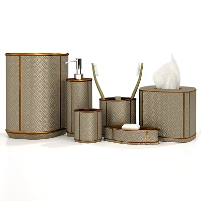 Bathroom Essentials Decorative Storage Set With Gold Trim Patterned Soap Dish Toothbrush Holder Tissue Box 3d model