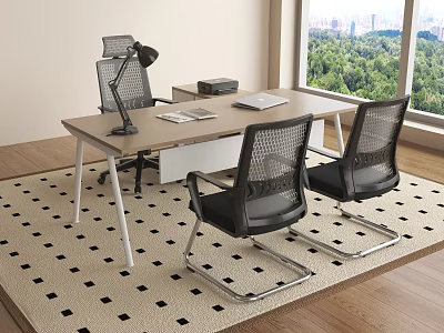 Modern Office Desk With Black Mesh Chairs Lamp And Green Trees Window View 3d model