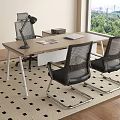 Modern Office Desk With Black Mesh Chairs Lamp And Green Trees Window View