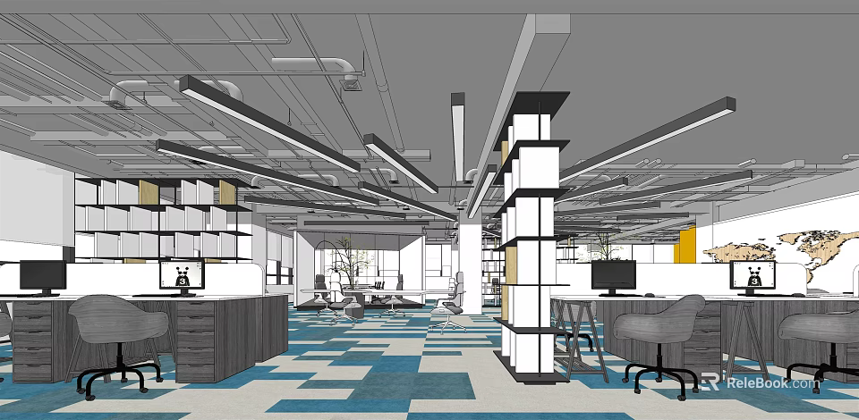 Modern Public Office Area Design Featuring Open Layout Blue White Carpet And Workstations 3d model 