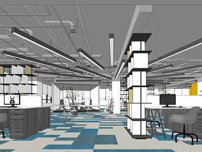 Modern Public Office Area Design Featuring Open Layout Blue White Carpet And Workstations 3d model