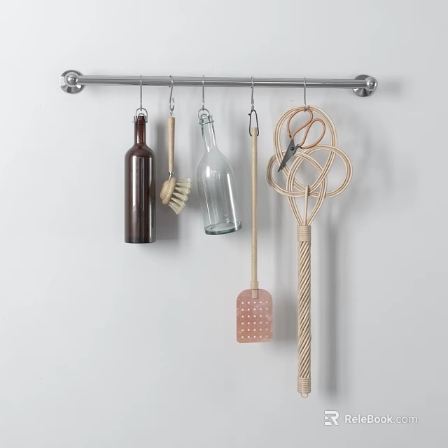 Stainless Steel Hanging Kitchen Utensils With Brush Spatula Glass Bottles And Rope Tools 3d model 