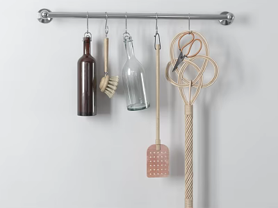 Stainless Steel Hanging Kitchen Utensils With Brush Spatula Glass Bottles And Rope Tools 3d model