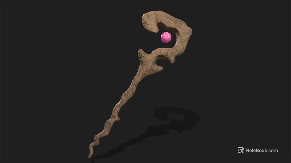 Enchanted Wooden Staff With Curved Design And Pink Gemstone Rustic Texture 3d model 