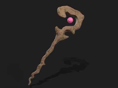 Enchanted Wooden Staff With Curved Design And Pink Gemstone Rustic Texture 3d model