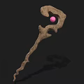 Enchanted Wooden Staff With Curved Design And Pink Gemstone Rustic Texture