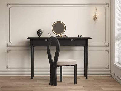 Elegant Black Dressing Table With Round Mirror Chair And Wall Lamp On Wooden Floor 3d model