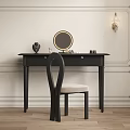 Elegant Black Dressing Table With Round Mirror Chair And Wall Lamp On Wooden Floor