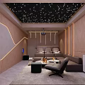 Modern Home Theater Room With Starry Ceiling Comfortable Sofas Projector And Warm Toned Walls