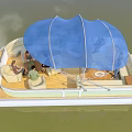 Relaxing Pontoon Boat With Blue Canopy And People Enjoying Activities On Water