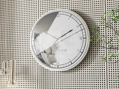 Round Wall Clock with Roman Numerals London Text on Perforated Wall Greenery and Metal Pipes 3d model
