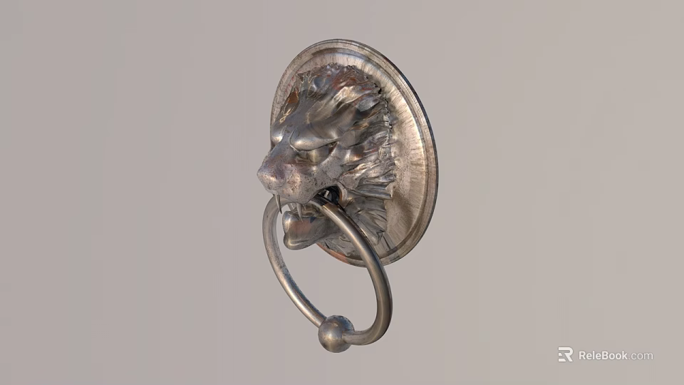 Metal Lion Head Door Knocker Handle With Carved Details And Circular Ring 3d model 