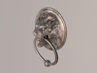 Metal Lion Head Door Knocker Handle With Carved Details And Circular Ring 3d model
