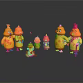 Cartoon Chick Characters in Yellow Outfits Red Combs Holding Walking Canes Gray Background Reflections