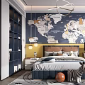 Kids Room With World Map Wall Bed Desk Zebra Toy Bookshelf And Blue Yellow Walls