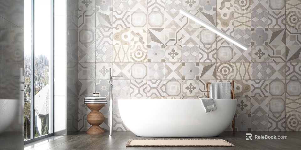 Elegant Freestanding Bathtub In Modern Bathroom With Geometric Tiled Wall Wooden Stool And Decorative Towel 3d model 