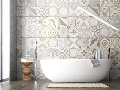 Elegant Freestanding Bathtub In Modern Bathroom With Geometric Tiled Wall Wooden Stool And Decorative Towel 3d model