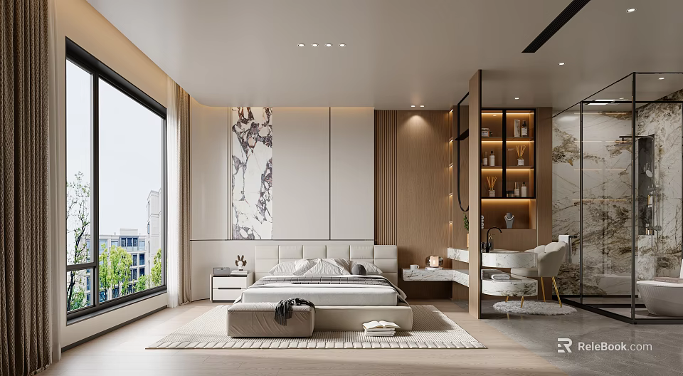 Modern Bedroom With Marble Accent Wall Large Windows And Wooden Elements 3d model 