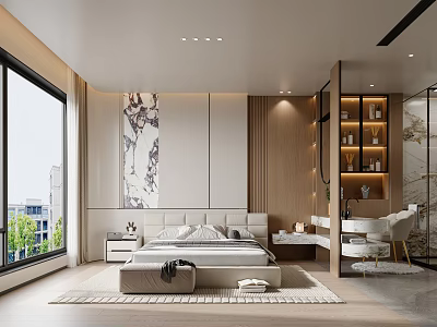 Modern Bedroom With Marble Accent Wall Large Windows And Wooden Elements 3d model
