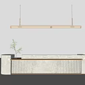 Modern Reception Desk Design With Marble Surface Hanging Light And Decorative Plant